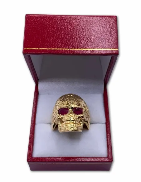 Bague Chevalière Tête de Mort Or Jaune & Rubis