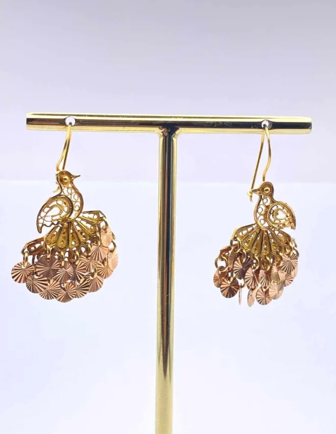 Boucles d' Oreilles Oiseaux à Pendeloques Or Jaune et Rose