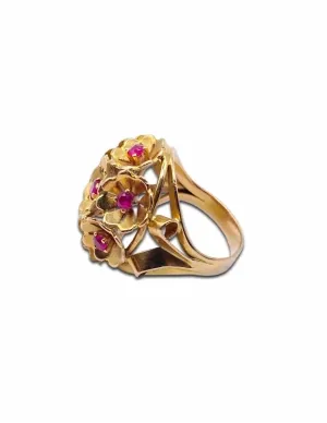 Bague Vintage Panier Fleurs Or Jaune 18K & Rubis 2