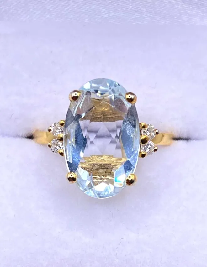 Bague Or Jaune 18k Aigue Marine & Diamants