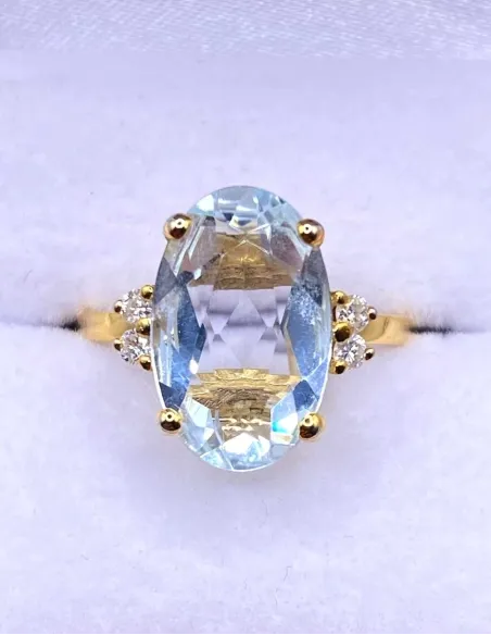 Bague Or Jaune 18k Aigue Marine & Diamants