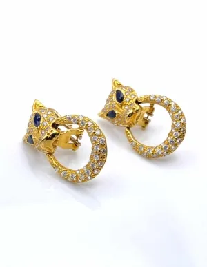 Boucles d'Oreilles Léopard Or Jaune, Saphirs & Zircons