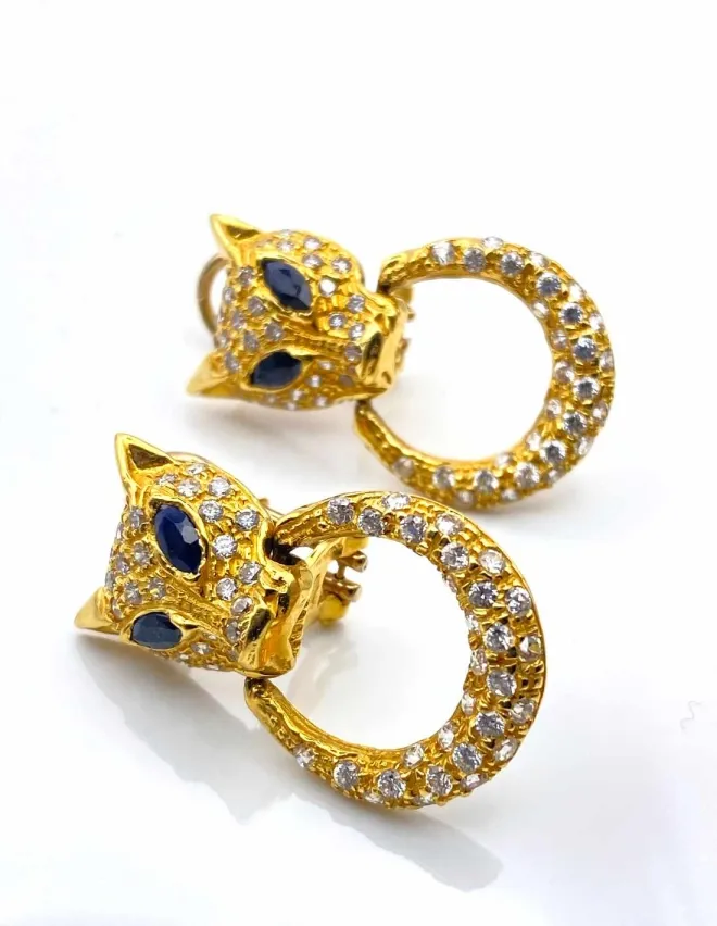 Boucles d'Oreilles Léopard Or Jaune, Saphirs & Zircons