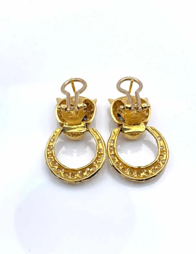 Boucles d'Oreilles Léopard Or Jaune, Saphirs & Zircons