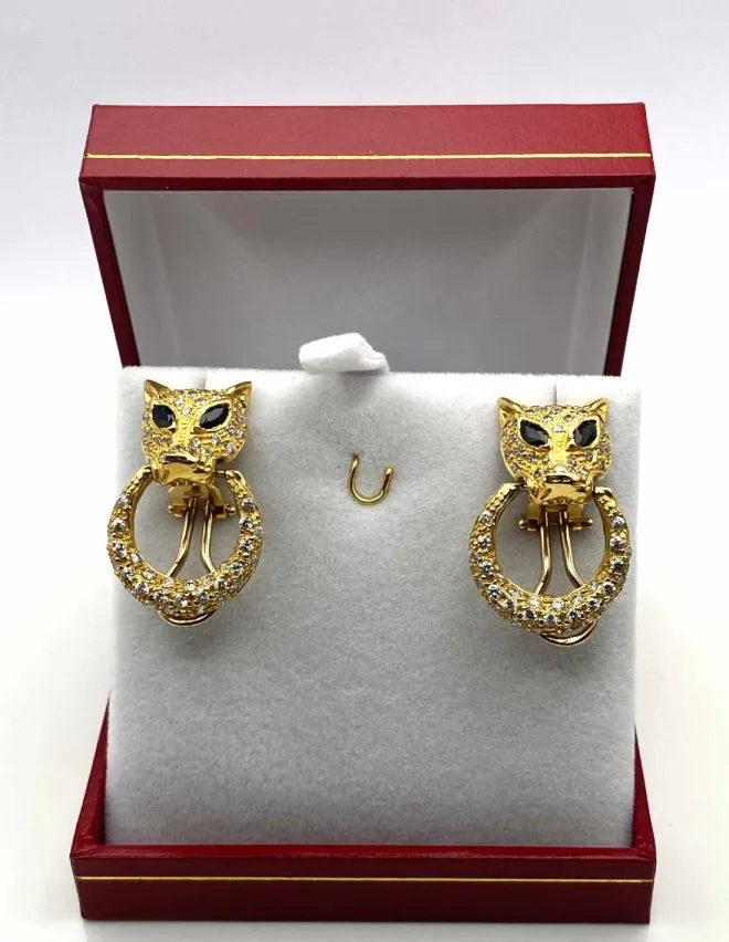 Boucles d'Oreilles Léopard Or Jaune, Saphirs & Zircons