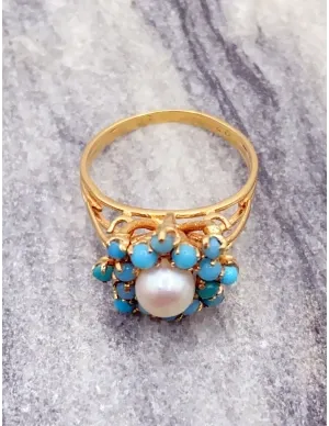 Bague Marguerite Vintage Or 18K Perle & Turquoises Bijoux Or Occasion 2