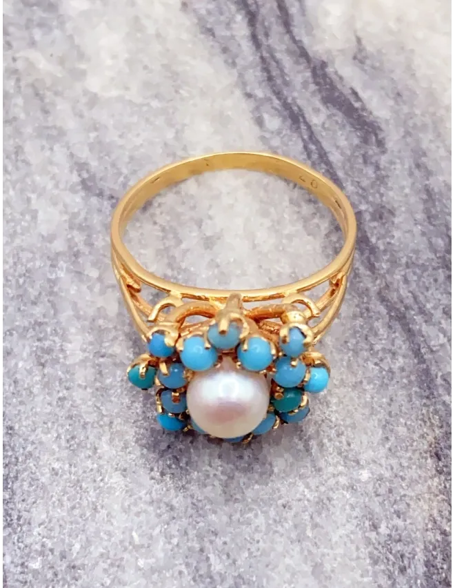 Bague Marguerite Vintage Or 18K Perle & Turquoises Bijoux Or Occasion