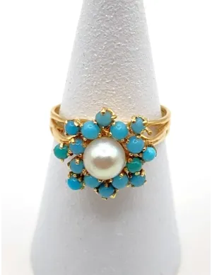 Bague Marguerite Vintage Or 18K Perle & Turquoises Bijoux Or Occasion