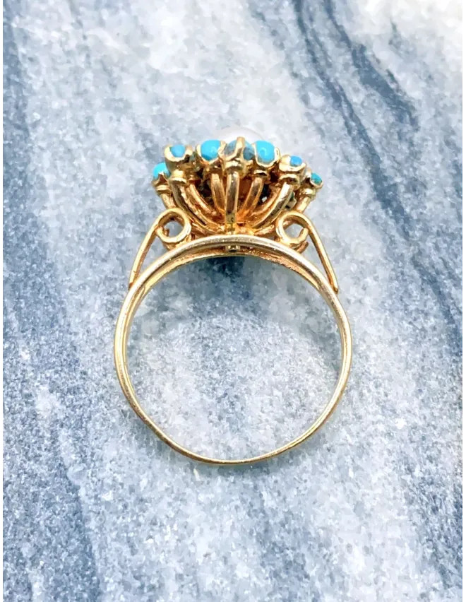 Bague Marguerite Vintage Or 18K Perle & Turquoises Bijoux Or Occasion