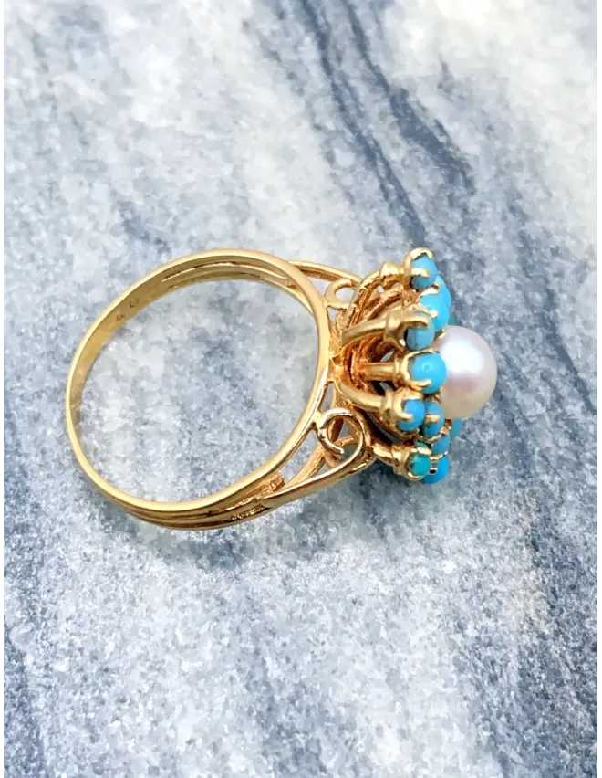 Bague Marguerite Vintage Or 18K Perle & Turquoises Bijoux Or Occasion
