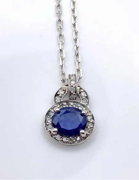 Collier Or Blanc 18k Saphir & Diamants