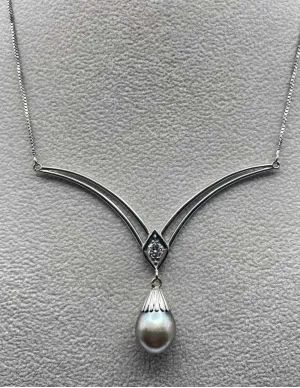 Collier Pendentif Or Blanc 18K, Diamant & Perle 2